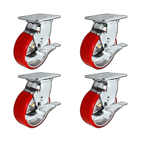 5"x2" Heavy Duty Swivel Caster, Red Polyurethane on Steel, PK4